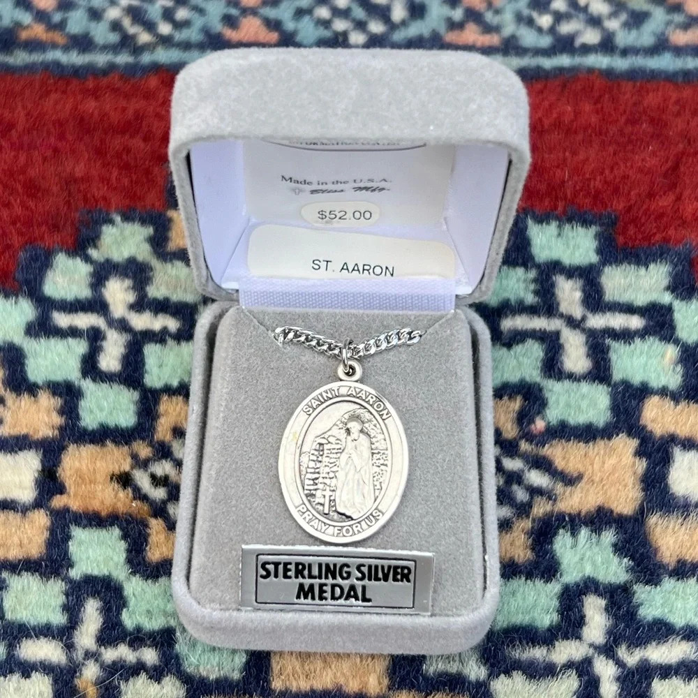 St. Aaron Patron Saint Sterling Silver Oval Religious Medal Heavy Curb Chain